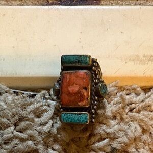 Turquoise and Coral Statement Ring